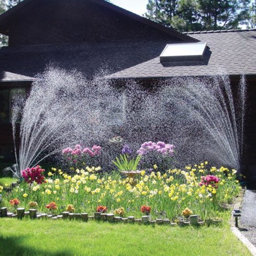 360-degree irrigation system with adjustable sprinklers, economical water use 