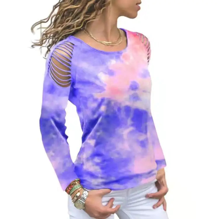 Tie Dye Ripped Floral Off-Shoulder Long Sleeve T-Shirt