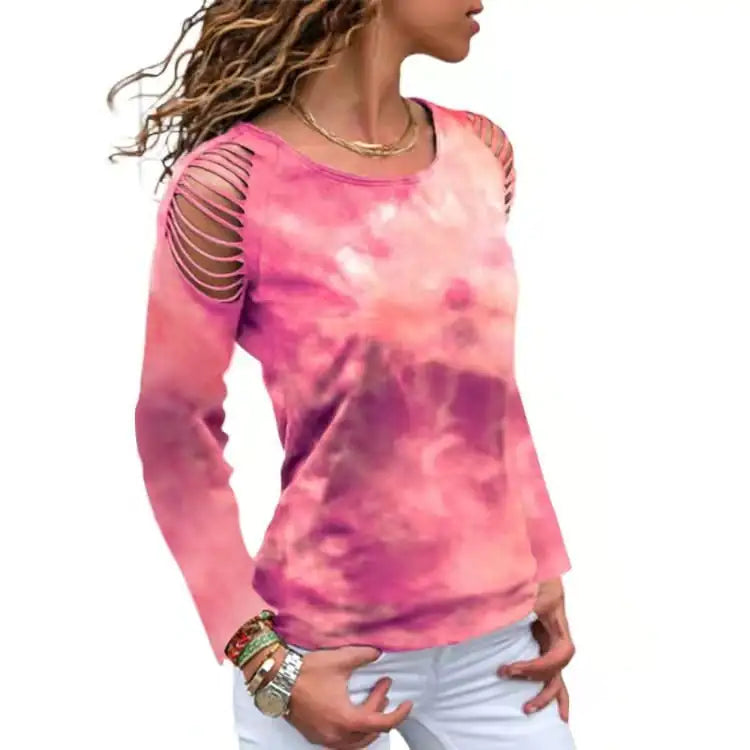 Tie Dye Ripped Floral Off-Shoulder Long Sleeve T-Shirt