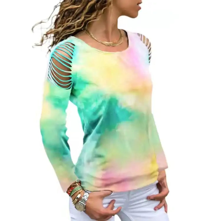 Tie Dye Ripped Floral Off-Shoulder Long Sleeve T-Shirt