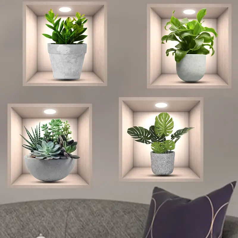 Home, 4-Piece Lifelike Artificial Potted Plant Wall Sticker Set