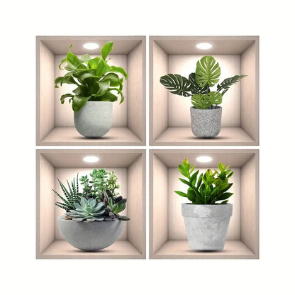 Home, 4-Piece Lifelike Artificial Potted Plant Wall Sticker Set