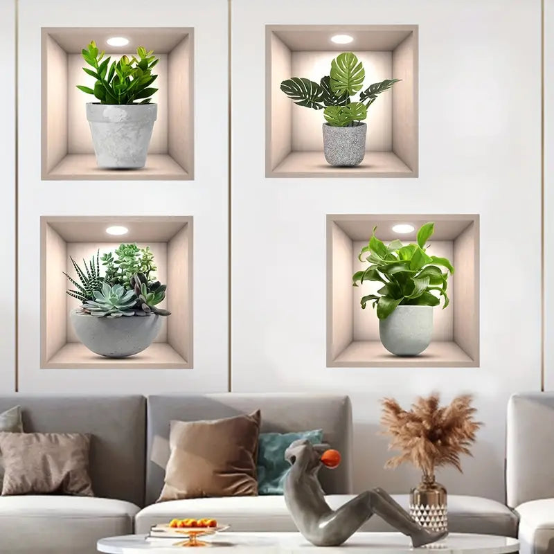 Home, 4-Piece Lifelike Artificial Potted Plant Wall Sticker Set