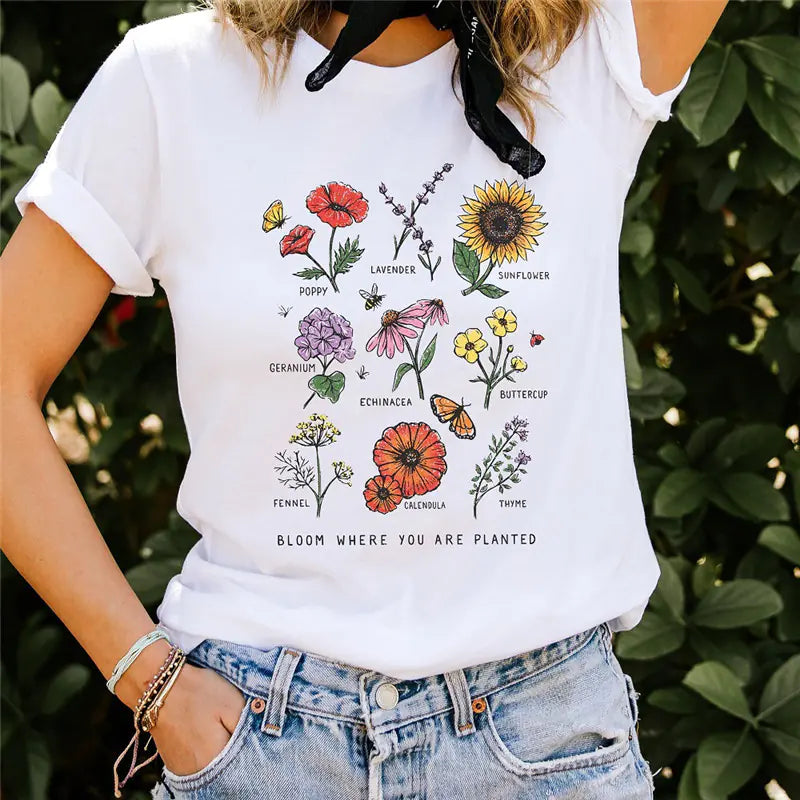 Women's Short Sleeve T-Shirt with Sunflower Print