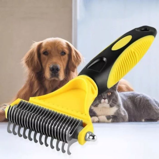 Double-sided pet hair removal brush for dogs and cats, effective for reducing hair loss 