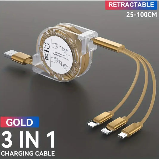 3 in 1 USB Charging Cable for iPhone and Micro USB and Type C Cable Retractable Portable Charging Cable 2.5A 