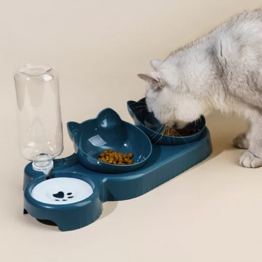 Cat Feeding Bowl Set with Automatic Water Dispenser Dark Blue - Practical and Stylish Pet Food Dispenser System 