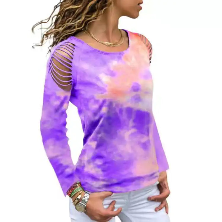 Tie Dye Ripped Floral Off-Shoulder Long Sleeve T-Shirt