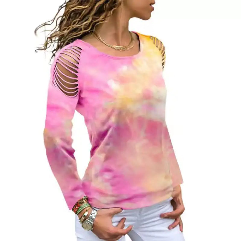 Tie Dye Ripped Floral Off-Shoulder Long Sleeve T-Shirt