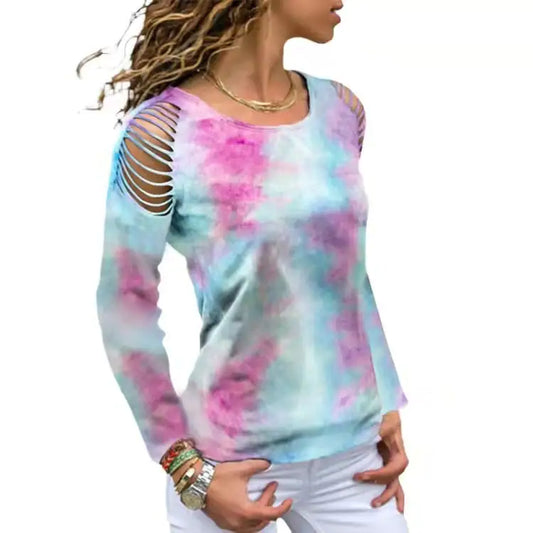 Tie Dye Ripped Floral Off-Shoulder Long Sleeve T-Shirt